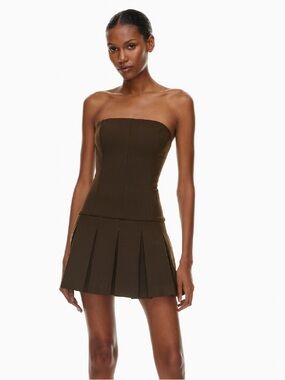 Wilfred Strapless Pleated Mini Dress in Dark Brown